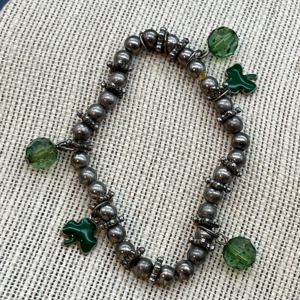St Patricks Day Irish Bracelet 7 In Green Silver Stretch Shamrock Charms Clover